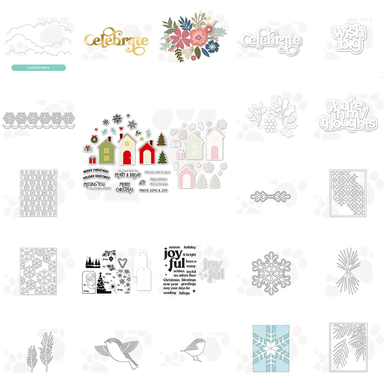 Christmas Winter Theme Celebrate Wishing Script Words Winter Cottage Scene Xmas Tree Gift Clear Stamp & Metal Cutting Die Set