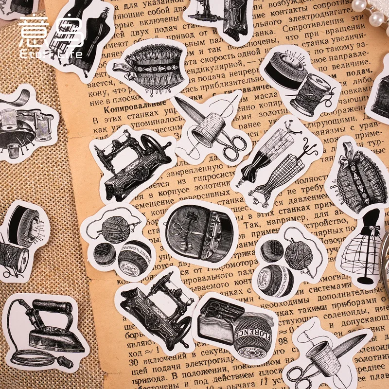 46Pcs Vintage Sewing Theme Stickers Box Creative Scrapbook Diary Hand Account Decor Material