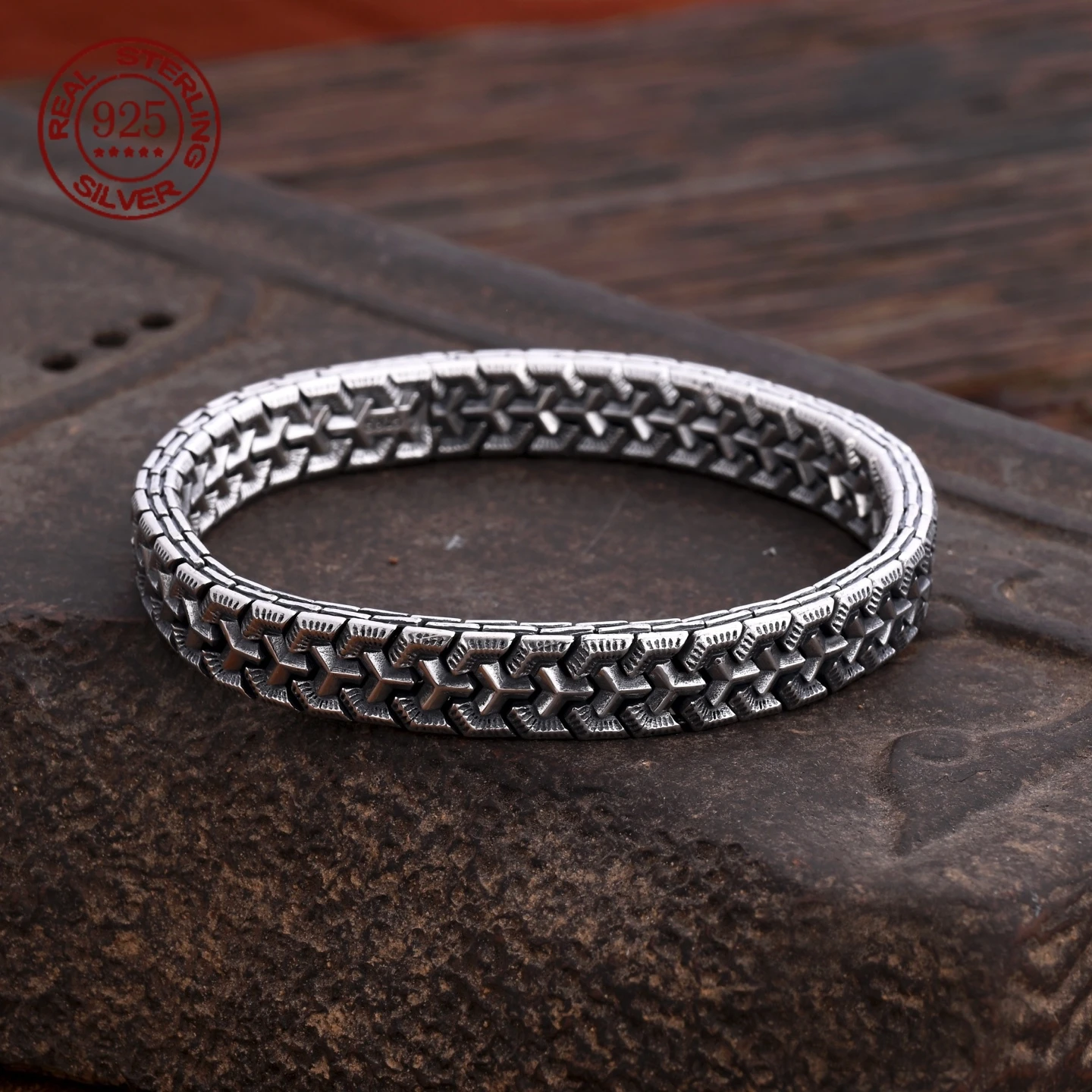 S925 Sterling Silver Mens Bracelet Retro Interlocking Geometric Link Bangle Vintage Statement Jewelry