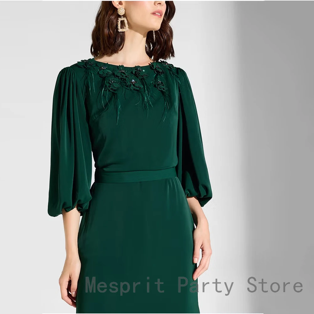 Elegancka Zielona Sukienka Wieczorowa Długa Suknia Balowa Dekolt O Obcisła Suknia Formalna na Przyjęcie Kwiaty z Piórami Sukienka Arabia Saudyjska