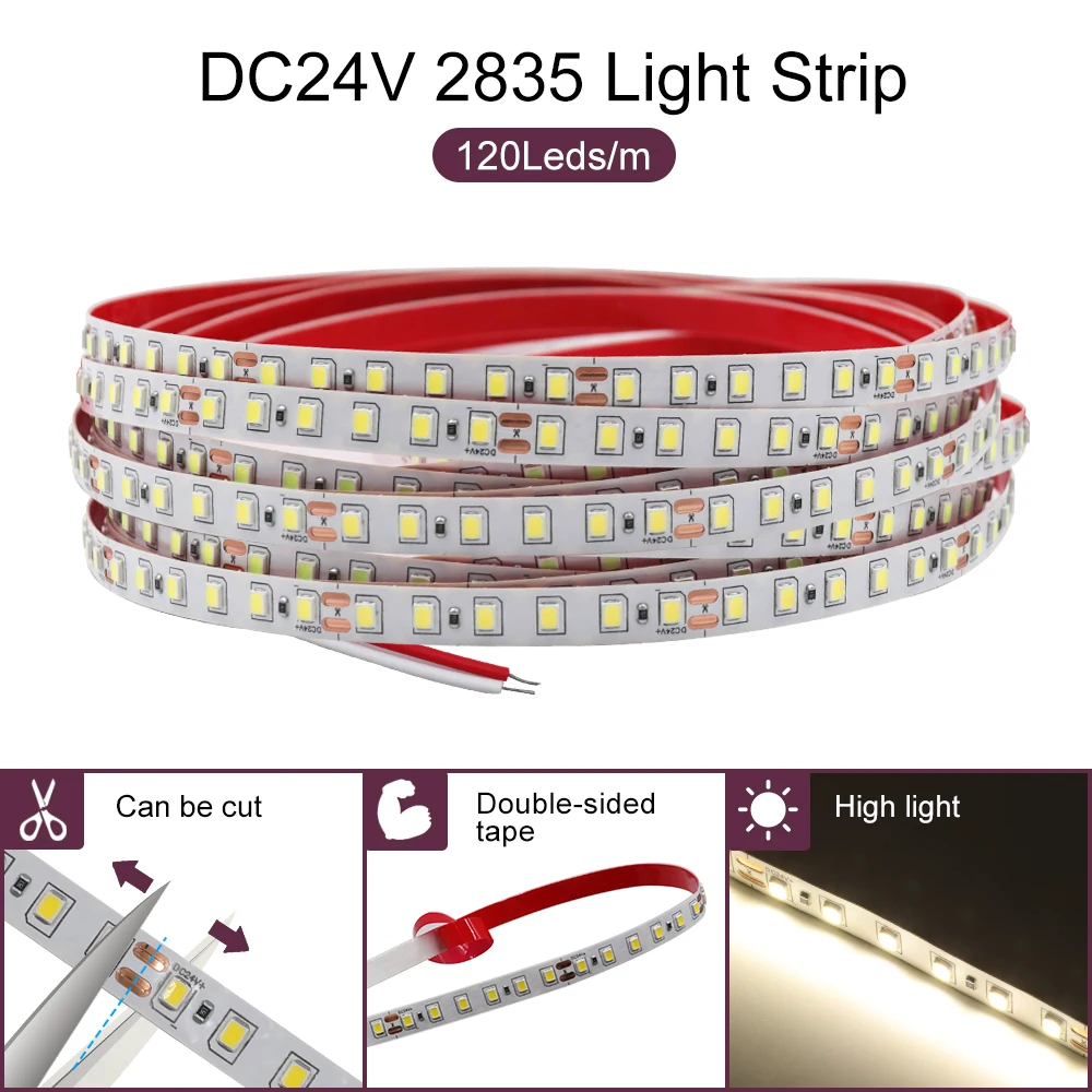 10M/Roll 24V LED Strip Lights White/Warm White/Natural White SMD2835 120Leds/m Flexible LED Tape Adhesive Ribbon Diode for Home