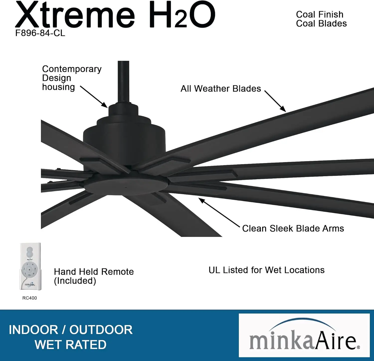 MINKA-AIRE F896-84-CL Xtreme H2O 84 Inch Outdoor Ceiling Fan with DC Motor, Coal Black Finish