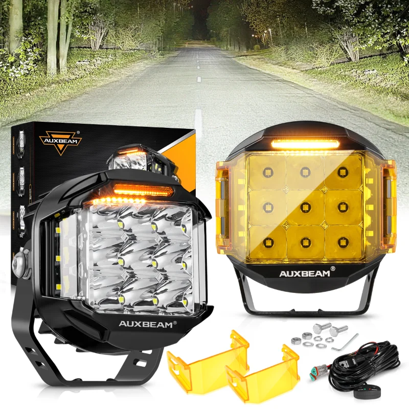 Auxbeam 5 Inch 168W LED Driving Lights Square/ Round Pod Lights with Amber DRL 16440LM Spot Flood Combo Work Spotlights