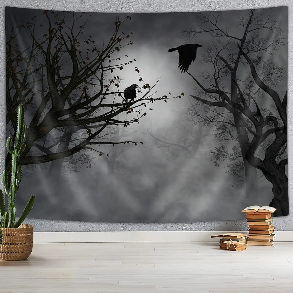 VIKAMA Dark Forest Raven Tapestry Gothic Style Dead Tree Mist Double Raven Disc Bedroom Living Room Dark Wind Decoration