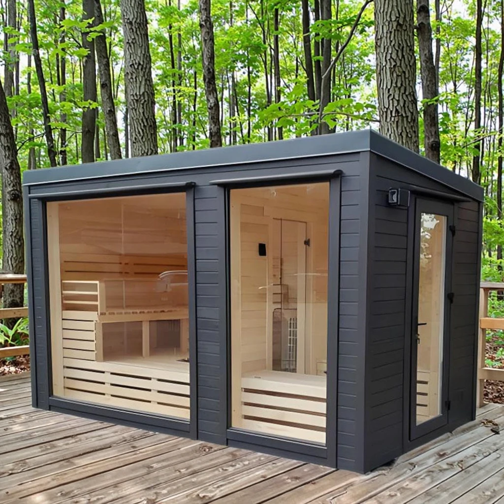 Traditional 2-4 Person Solid Hemlock Wood Sauna Room Outdoor with Bathroom Changing Room for Apartment Villa Park