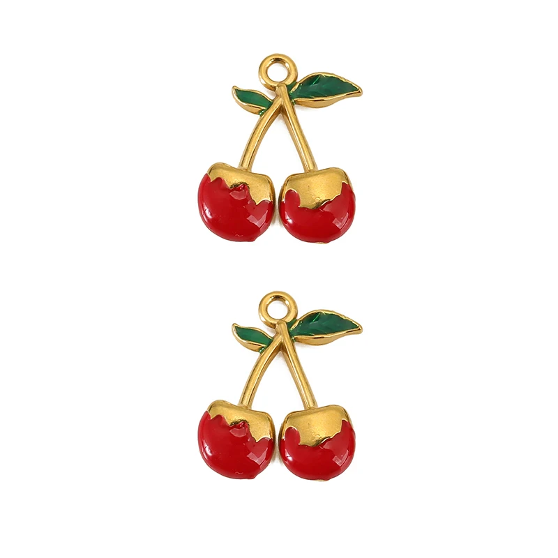 2pcs PVD Never Fade Stainless Steel Cherry Charms Leaf Fruit Charms Necklace Pendants for DIY Bracelets Jewelry Making Findings - view 4