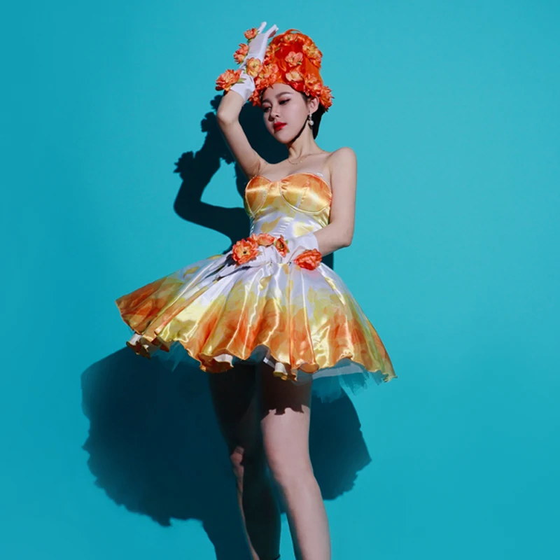4 Kolory Puszysta Sukienka Kwiatowa Ozdoba na Głowę Damska Impreza Klub Nocny DJ Gogo Odzież Festiwalowy Strój Sceniczny Kostium Drag Queen XS6012