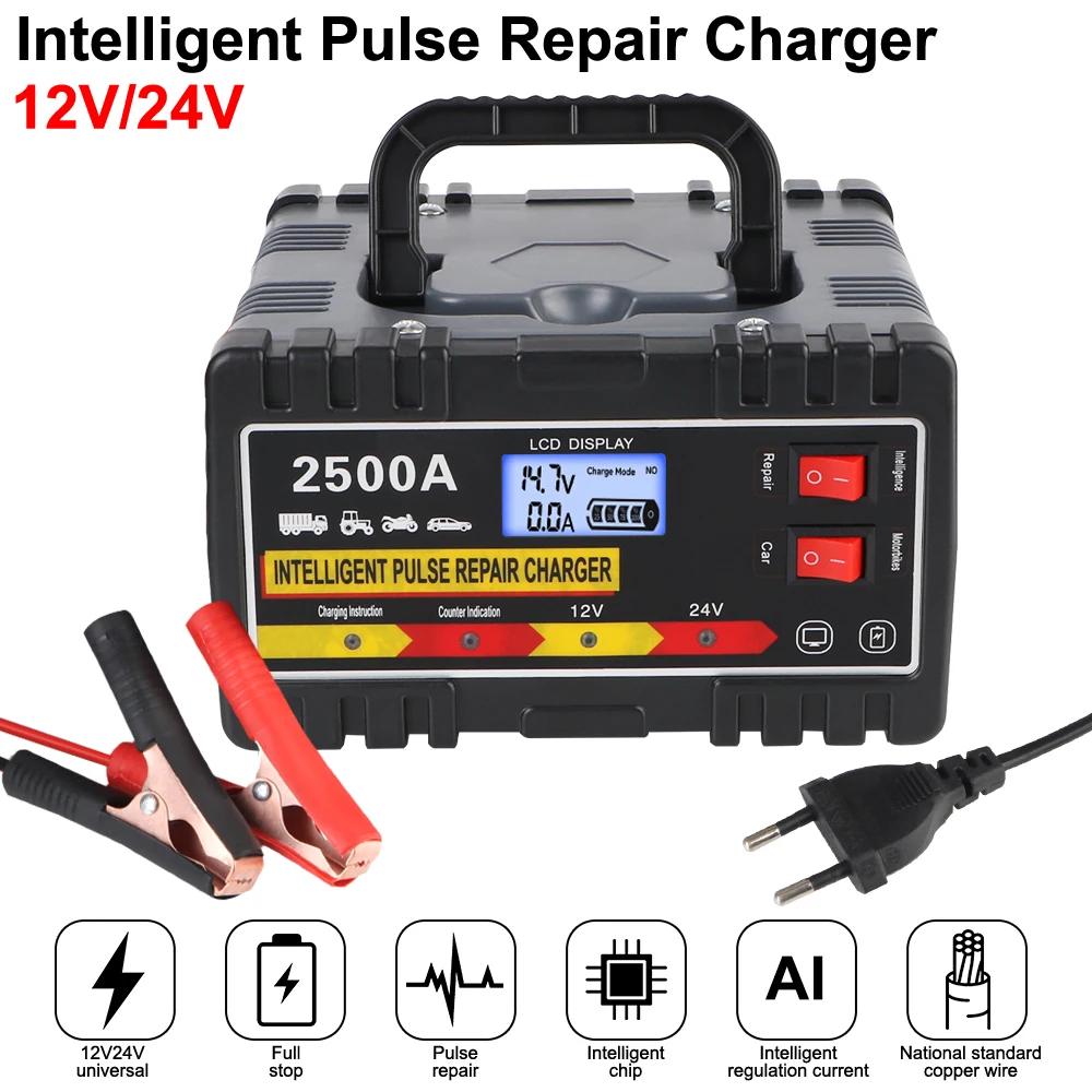 

Digital LCD Display Fast Charger 12V24V 220W Intelligent Pulse Repair Charger EU Plug For Car Motorcycle Lead-acid Battery