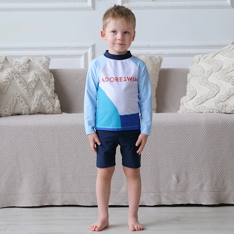 2026 New Boys' Swimwear Kids Split-Back Long Sleeve Youth Men's Quick-Dry Sun Protection Swimsuit with Hat Set