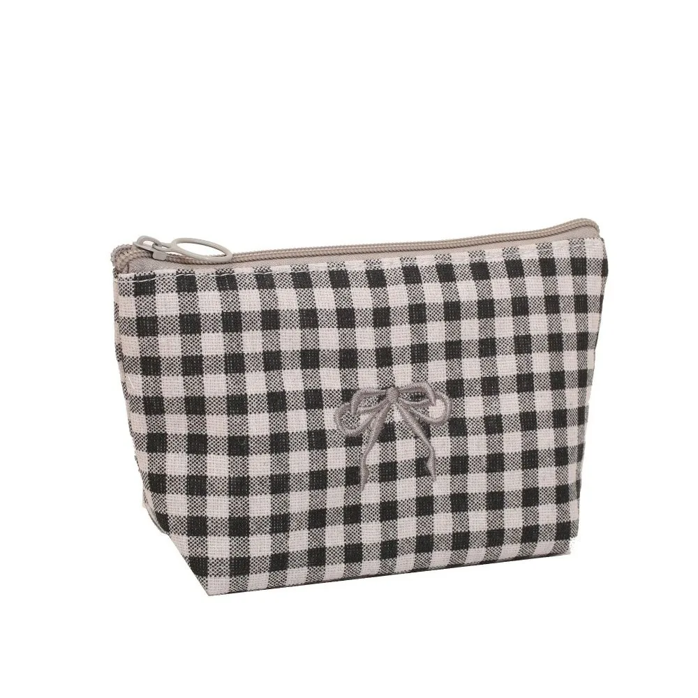 

Cute Large Capacity Makeup Bag Plaid Polyester Storage Bag Embroidered Bow with Zipper Pencil Case Travelling Storage