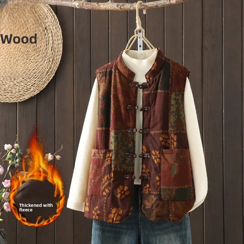 

Thiened Cotton Linen Vest Chinese Sle Floral Print Button up Warm Outerwear for Autumn And Winter Commute Faion