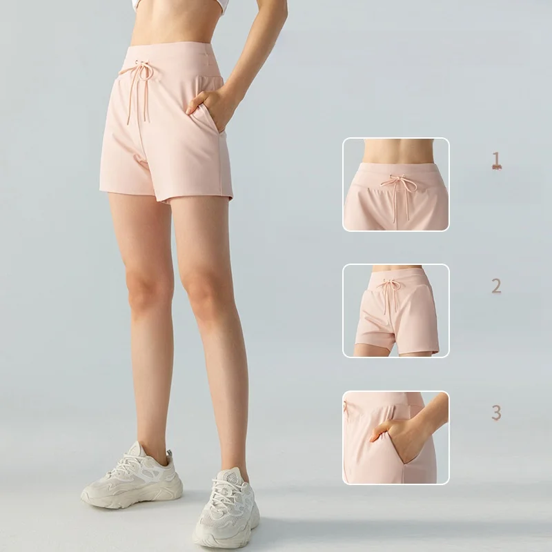 Calções de fitness com cordão casual feminino bolso duplo ao ar livre correndo respirável calças de yoga pele-amigável all-match estilo nu