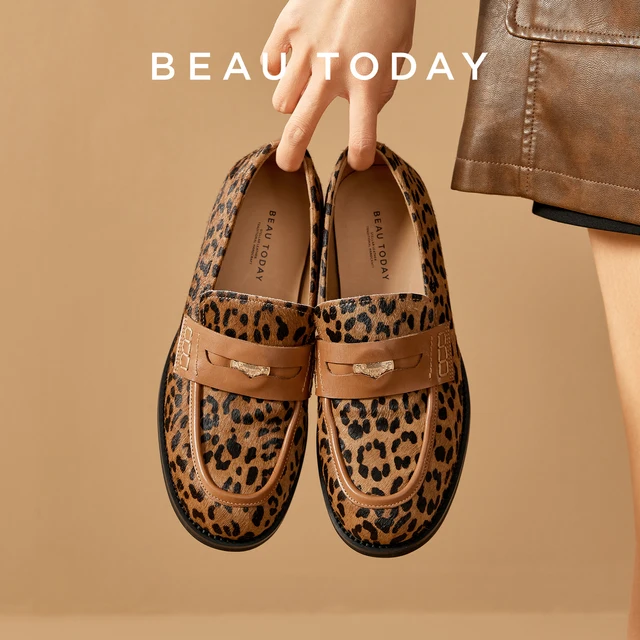 BEAUTODAY Penny mokasyny damskie skóra bydlęca okrągłe Toe kwadratowy obcas wzór w cętki szycie Outdoor Casual mieszkania kobiece ręcznie robione 26238