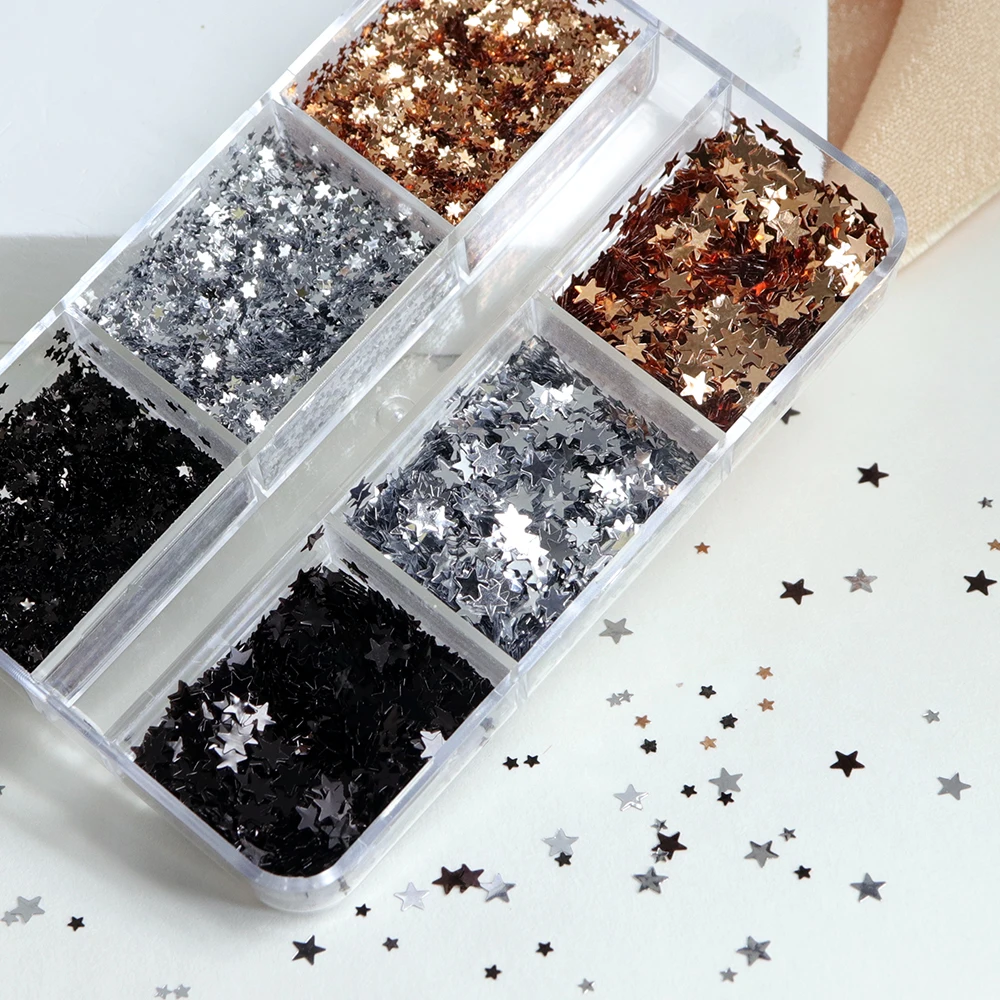 Estrelas prateadas douradas lantejoulas diy acessórios de manicure 1mm 3mm estrela de cinco pontas decorações de unhas flocos brilhantes suprimentos de joias para unhas
