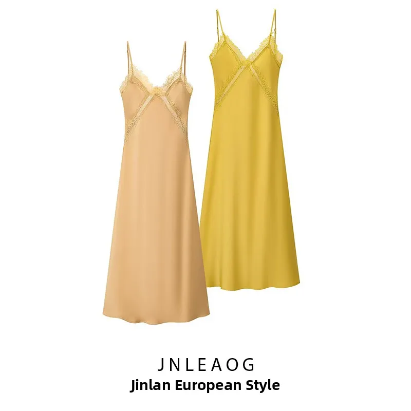 Ele Lace Midi Dr Silk Satin Texture Donna Faion Autunno New Sle Casual Taglio dritto Slim Fit No Sve Abito