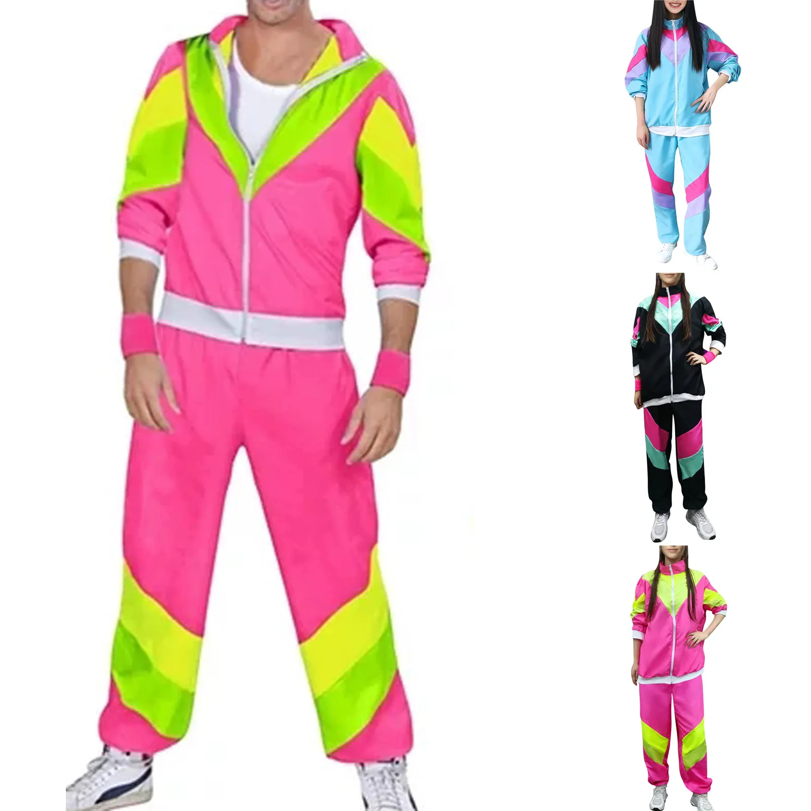 Tracksuit Retro Multicolored Hip Hop Disco Tracksuit Sets Colorblock Outfits Set Sportswear Jackets Stage Performance Costume