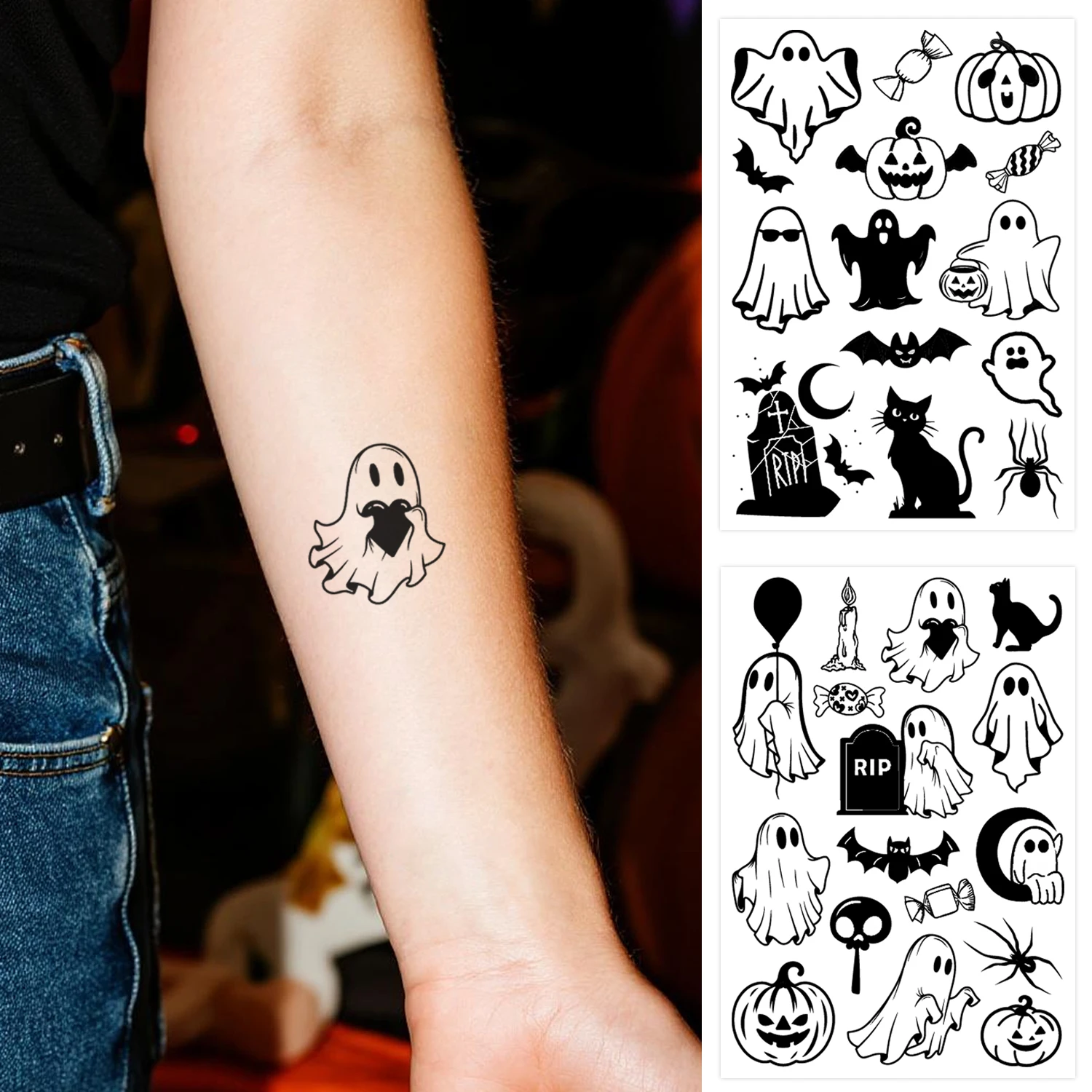 2 Sheets Halloween Long-Lasting Temporary Tattoos Ghost Pumpkin Witch Bat Cute Mini Tattoos Non-Glare Waterproof Easy to Remove