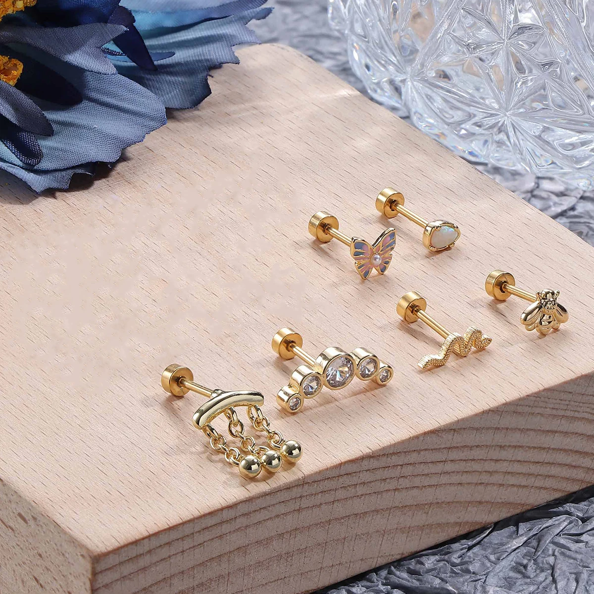 Stainless Steel Ear Studs for Women, Flat Back Stud, Front Spiral Lip, Golden Piercing Jewelry, 6 Pcs