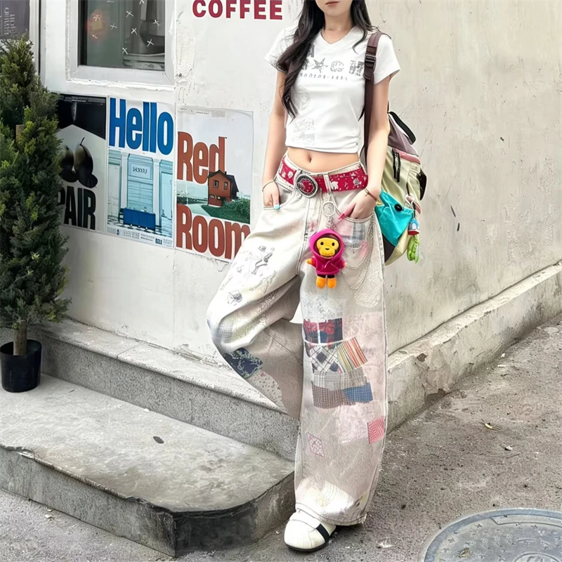 Women's Jigsaw Print Pattern Street Casual Pants Y2k Personalized High Waist Trousers Female Retro Bottoms Wide Leg Sweatpants