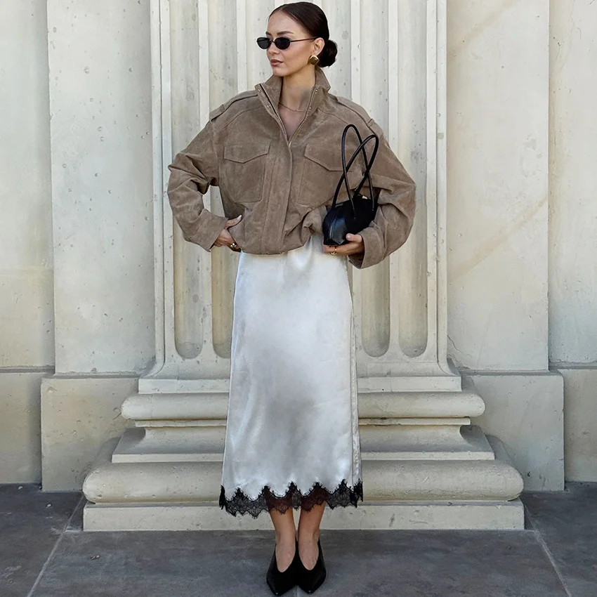 Linad الشارع شيك الأبيض الدانتيل التنانير الطويلة للمرأة أنيقة الساتان ميدي العجل تنورة الإناث الخريف موضة التنانير الحريرية فضفاضة 2025