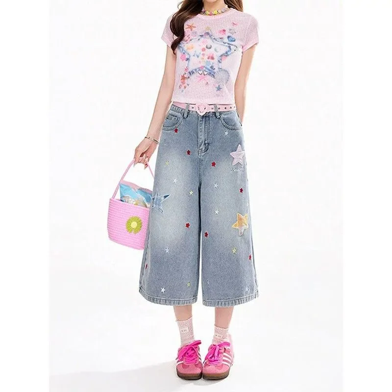 Summer Anti-Aging Five-Point Patchwork Wide Leg Pants Casual Loose Fit Denim Cotton High Waist Seven-Quarter Length Women's J...