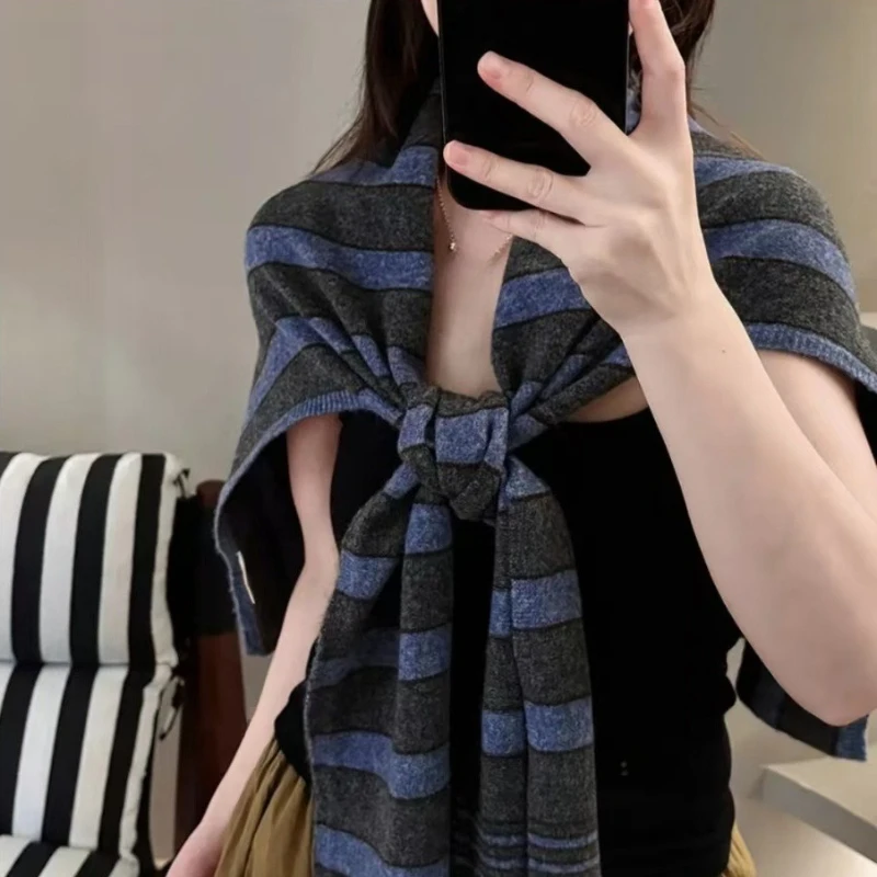 Vintage Striped Wool Blend Knitted Shawl Sleeves Women Warm Pullover Shoulder Wrap Cape Office Daily Layering Knit Accessory