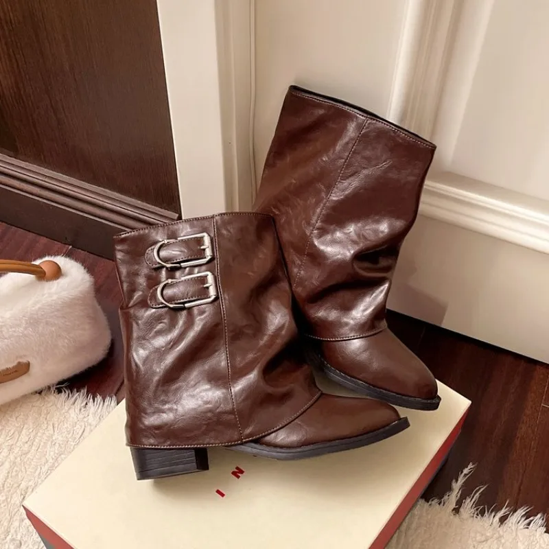 Soft Leather Ankle Mid Calf Boots Winter Autumn High Platform Wedge British Booties Woman New Ladies Chunky Motorcycle Boots 42