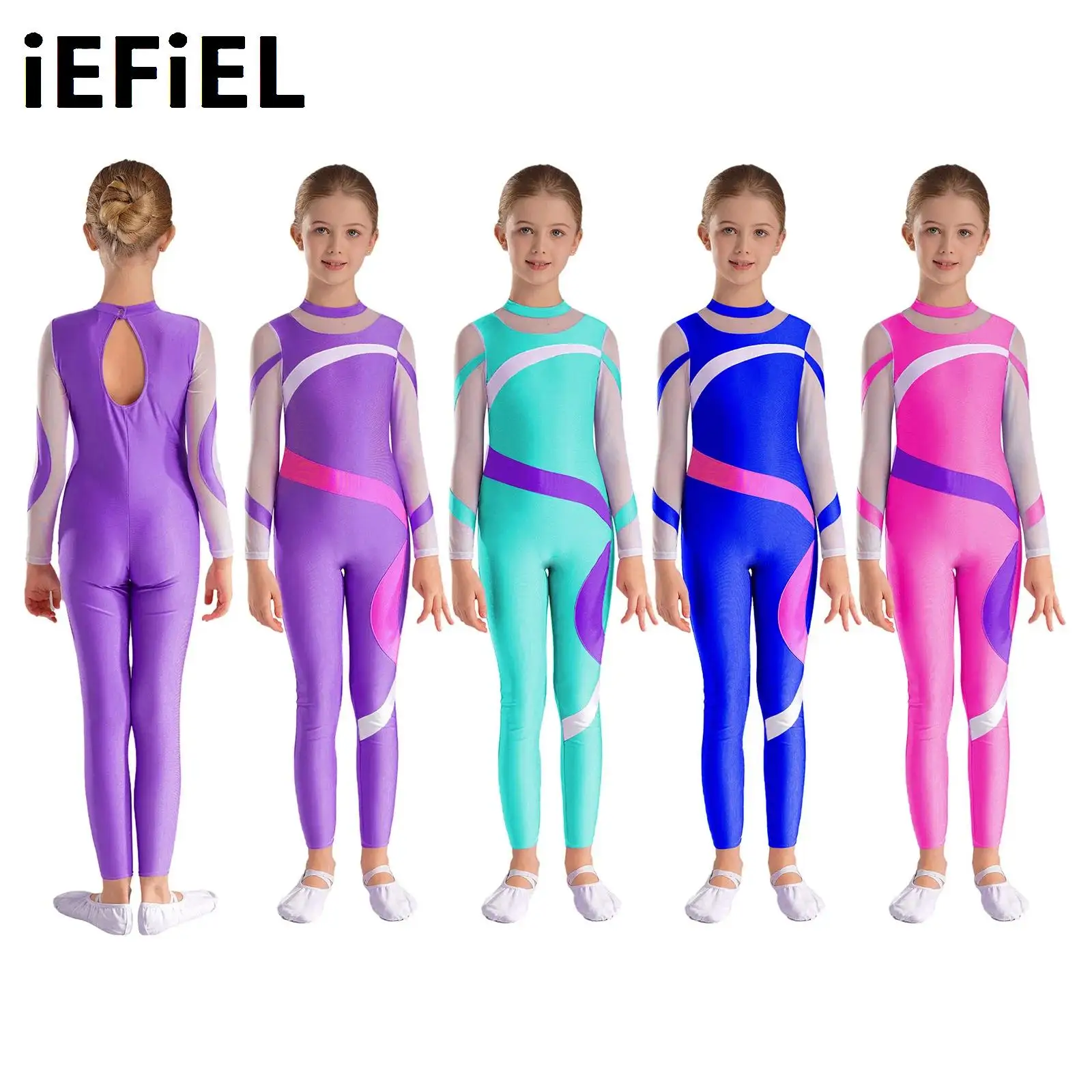 

Kids Girls Contrast Color Jumpsuit Sheer Mesh Patchwork Long Sleeve Keyhole Back Bodysuit for Figure Skating Dance Gymnastics