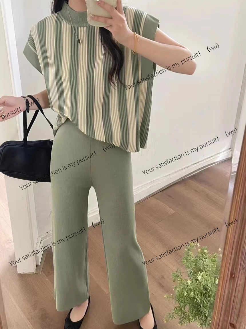 

Вязаный комплект из 2 предметов, повседневные пуловеры в вертикальную полоску, весна-лето, топы с короткими рукавами, OL для женской одежды, длинные брюки, новые костюмы