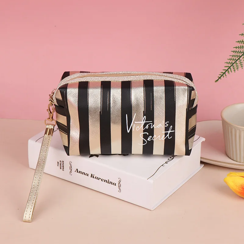 Stripe Makeup Comestic Case Clutch Pouch PU Laser Octagonal Storage Bag Women Handbag Portable Toiletry Travel Organizer