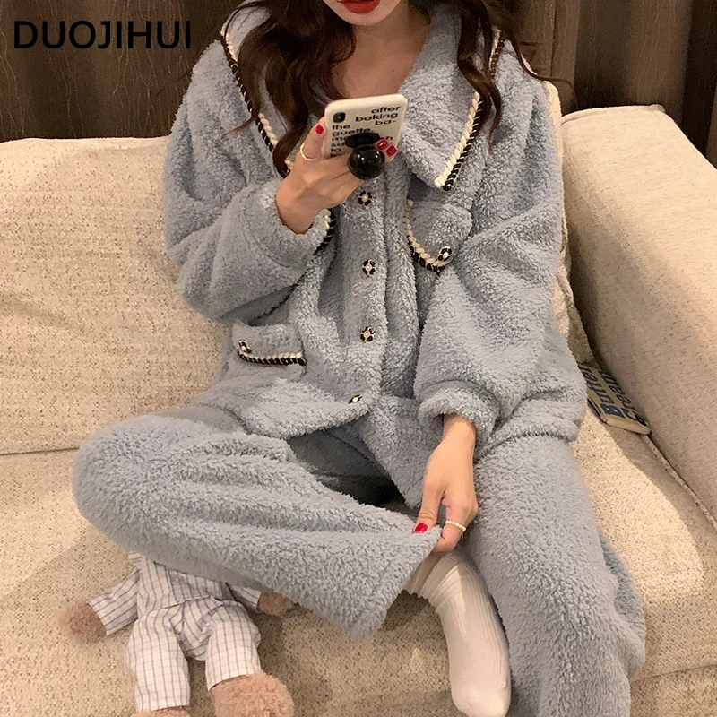 DUOJIHUI Sweet Thick Warm Long Sleeve Female Pajamas Set Winter New Loose Solid Color Simple Fashion 3-colors Pajamas for Women