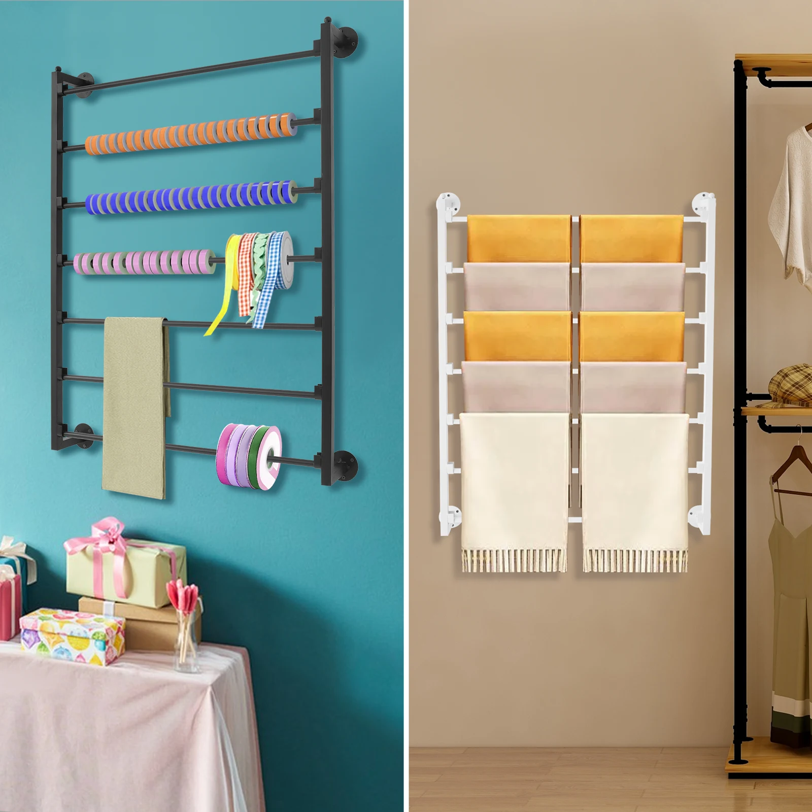 7段スチールリボン収納オーガナイザー、クラフトルーム、フラワーショップ、クリスマスギフト包装紙用の壁掛け包装紙ラック