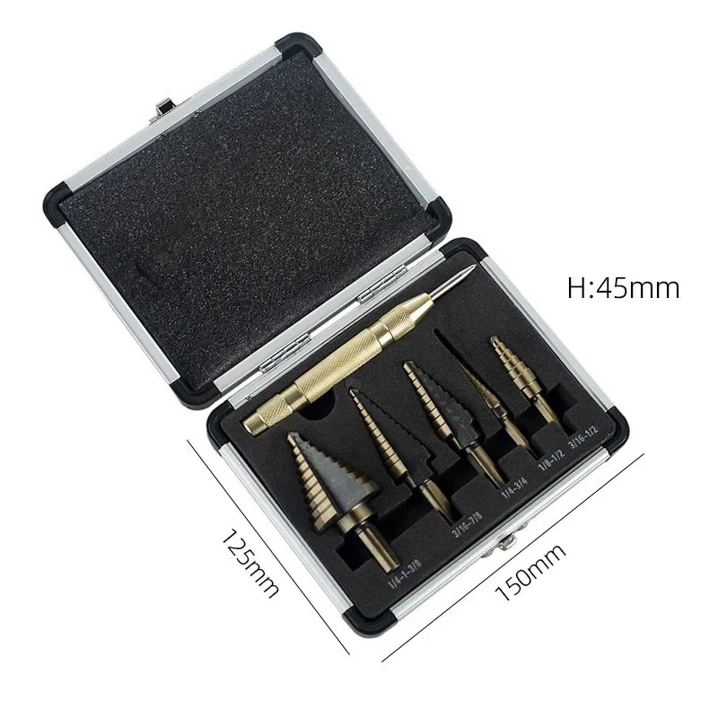 Porous 50 size cobalt titanium conical drill bit core, aluminum shell  5-piece HSS cobalt stepped drill bit kit