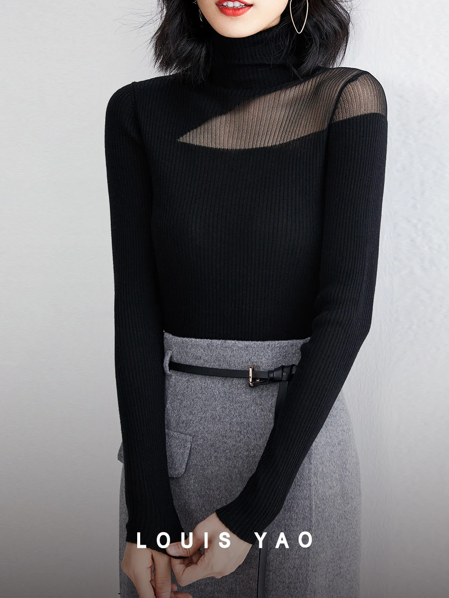 

LOUIS YAO Women Tencel Wool Knitted Sweater 2024 Spring New High Collar Sheer Long Sleeve T-Shirt Silm Women Undershirt Top