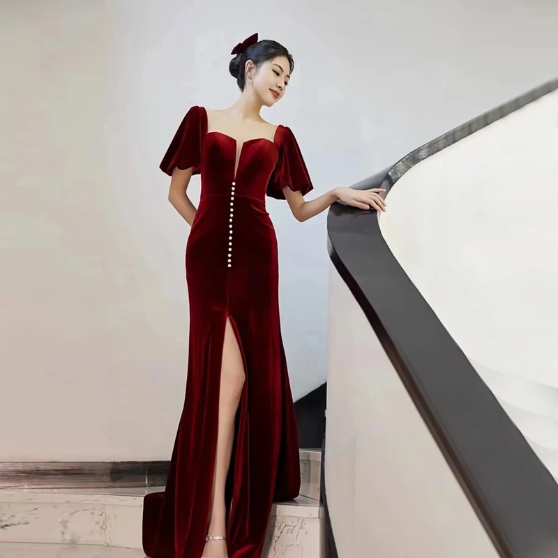 

Red Velvet Wedding Dr Sexy Fi Tail Gown for Bride ort Sve Long Evening Gown mid Waist Pure Color Wedding Dr