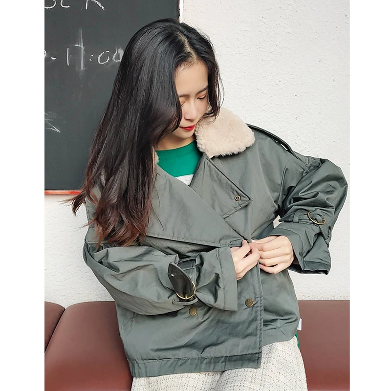 

Hang Yuan Winter New Women's Lamb Fur Inner Brushed Shoulder Drop Cotton Jacket Coat Thickened Short Style Commute Style