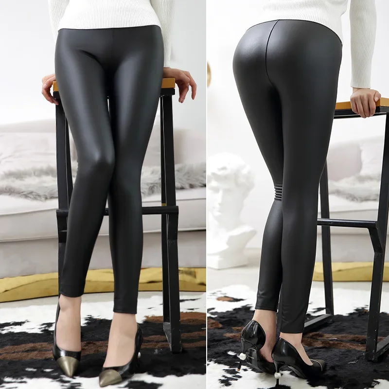 PU Woman Open Crotch Leggings High Rise Slim Crotchless Pants Leather Long Trouser Gym Light Elastic Goth Outdoor Sex Costume