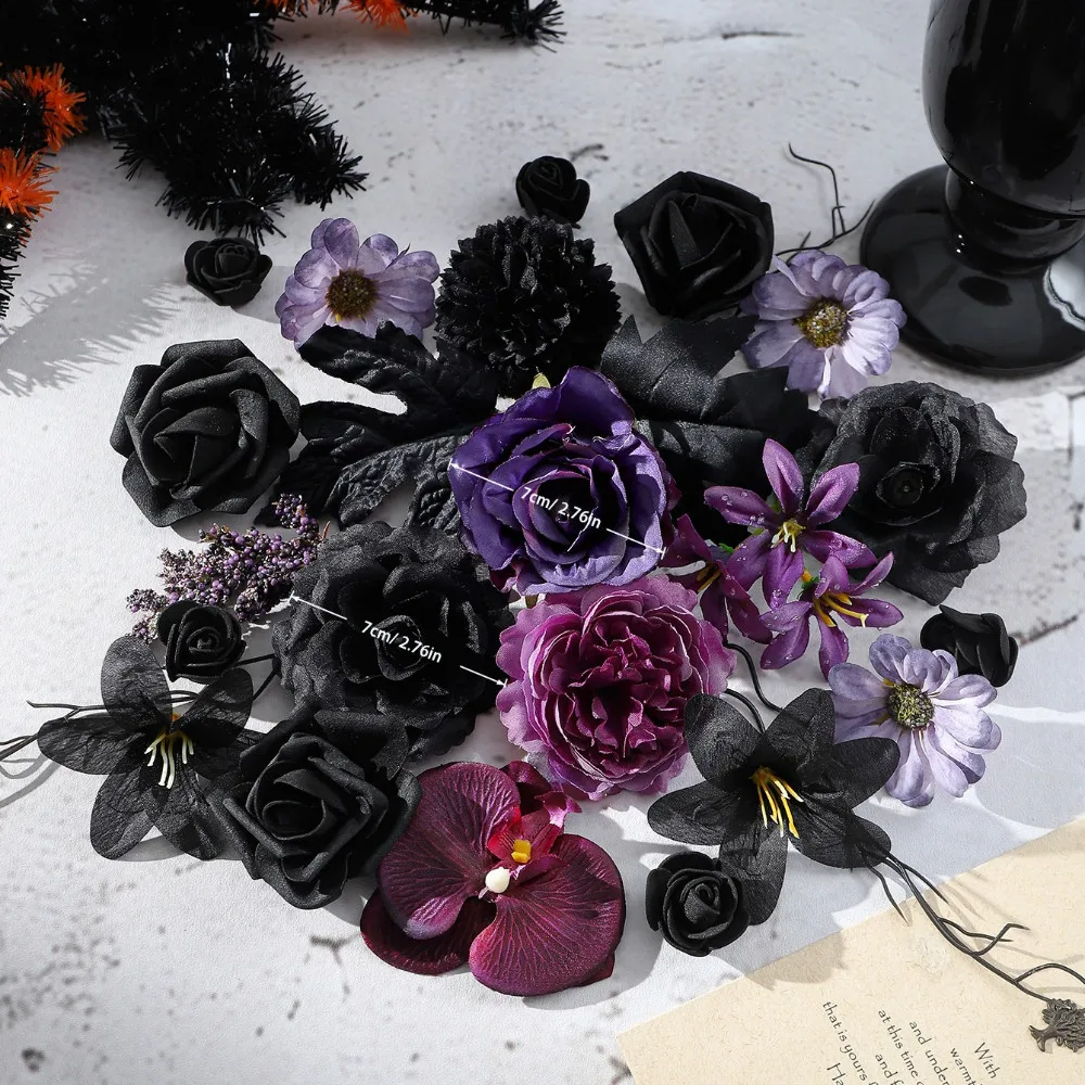 25 Stück Schwarz-Lila Künstliche Blumenköpfe Rose Orchidee Gänseblümchen für Halloween Tischdekoration Dunkle Hochzeit Gothic Dekor Vasen-Accessoire – Detail 3