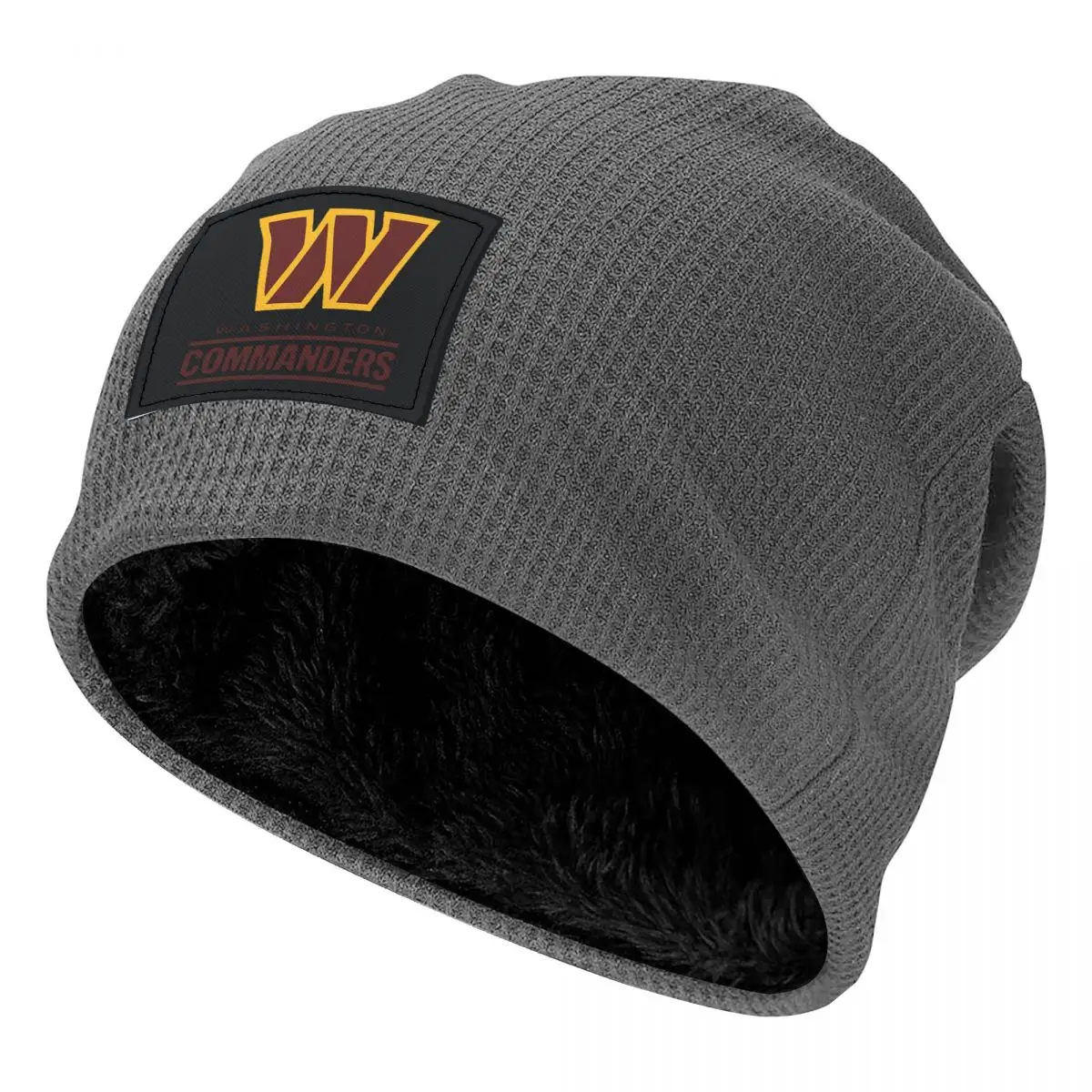 Washington Commanders Retro Waffle Knit Fleece Lined Beanie with PU Leather Patch Unisex Warm Winter Soft Cap