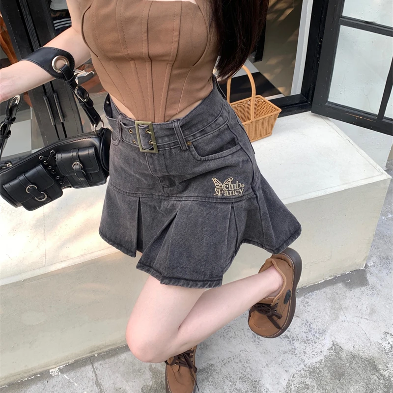 Mini jupe en jean noir plissé imprimé pour femme, taille haute, rétro, doux, mignon, sexy, streetwear, été, nouvelle mode, Y2K, 2023