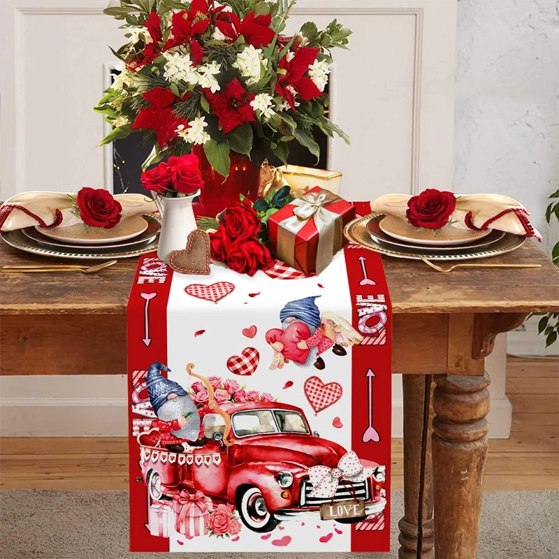 Happy Valentine\'s Day Table Runner Polyester Love Heart Table Flag Dining Table Decoration For Wedding Bride Party Tablecloth