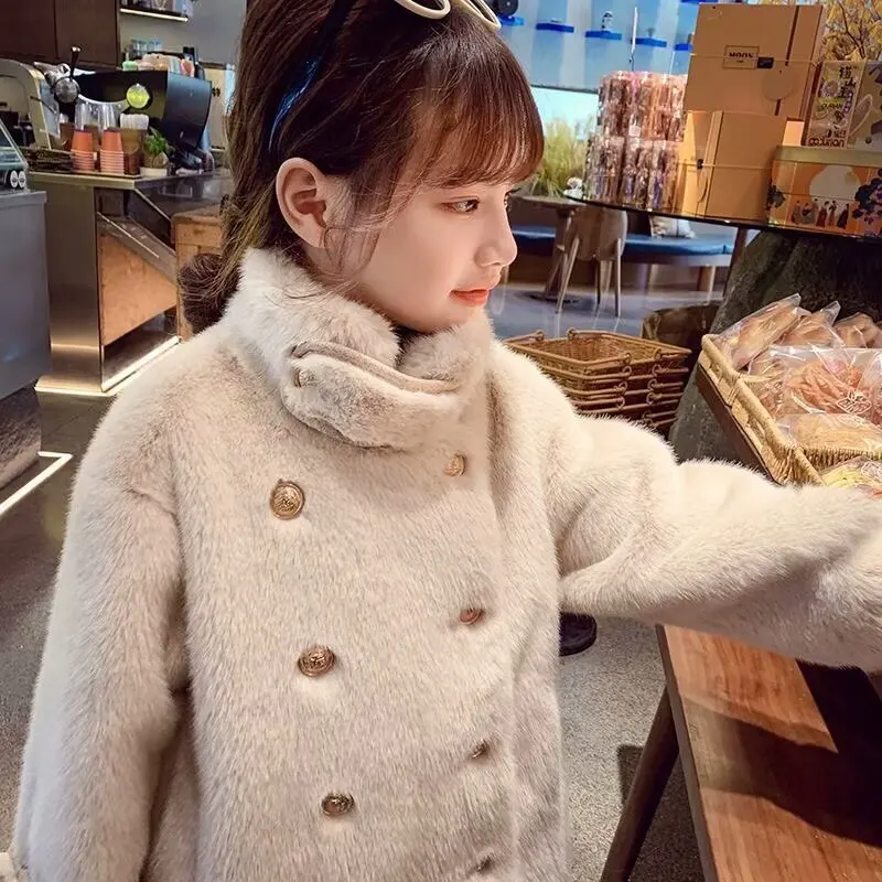 Imitation Mink Velvet Jackets Girls 2024 Autumn Winter New Loose White Casual Sweater Coat kids  Jacket