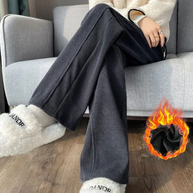 2024 Women Winter Retro Style Comfortable High Waisted Long Pants Lady Chic Leisure Wide Leg Straight Leg Plush Thermal Trousers