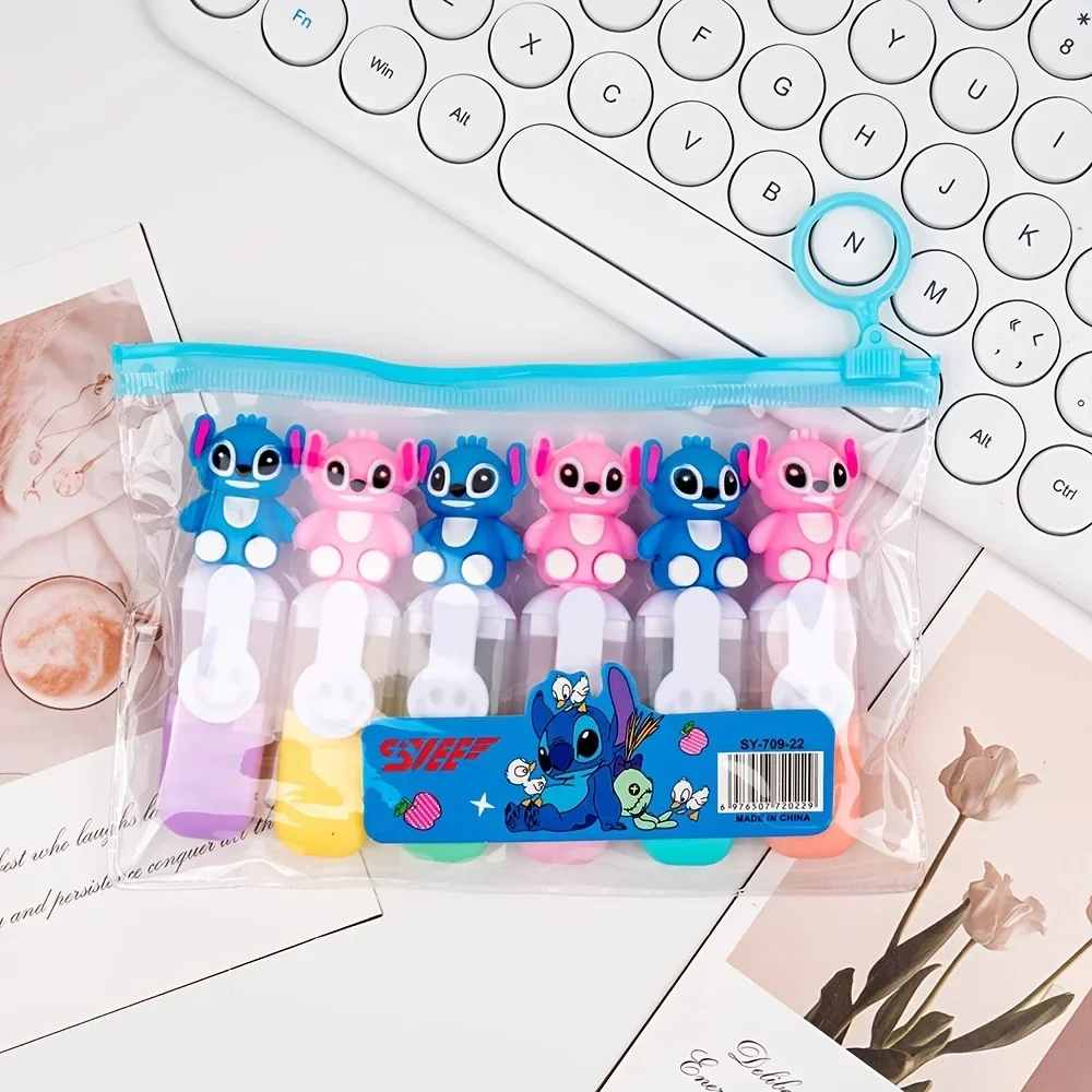 6pcs disney Stitch Stitched Package Mini Fluorescent Highlighters, Lilo & Stitch Cartoon 6-Color DIY Manual Pens ﻿