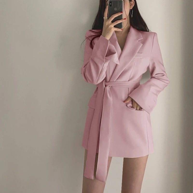 Long Sleeved Trend Casual Suit New In Jacket Blazer Office Lady Women\'s Autumn Clothes Sashes Coat Cardigan Korean Style Pink