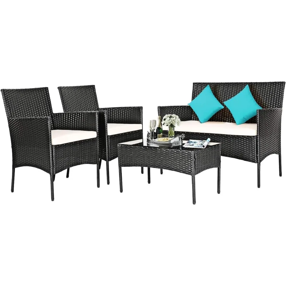 

4 Pieces Patio Furniture Set, Rattan Wicker Conversation Set w/Tempered Glass Top Table & 3 Cushioned Porch Chairs, Outdoor Wick
