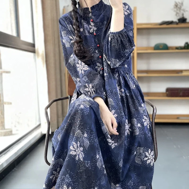 

Foreign Trade Japanese Original High-end Brand Retro Denim Long-sleeved Light Luxury Age-reducing Temperament Printed Dresses