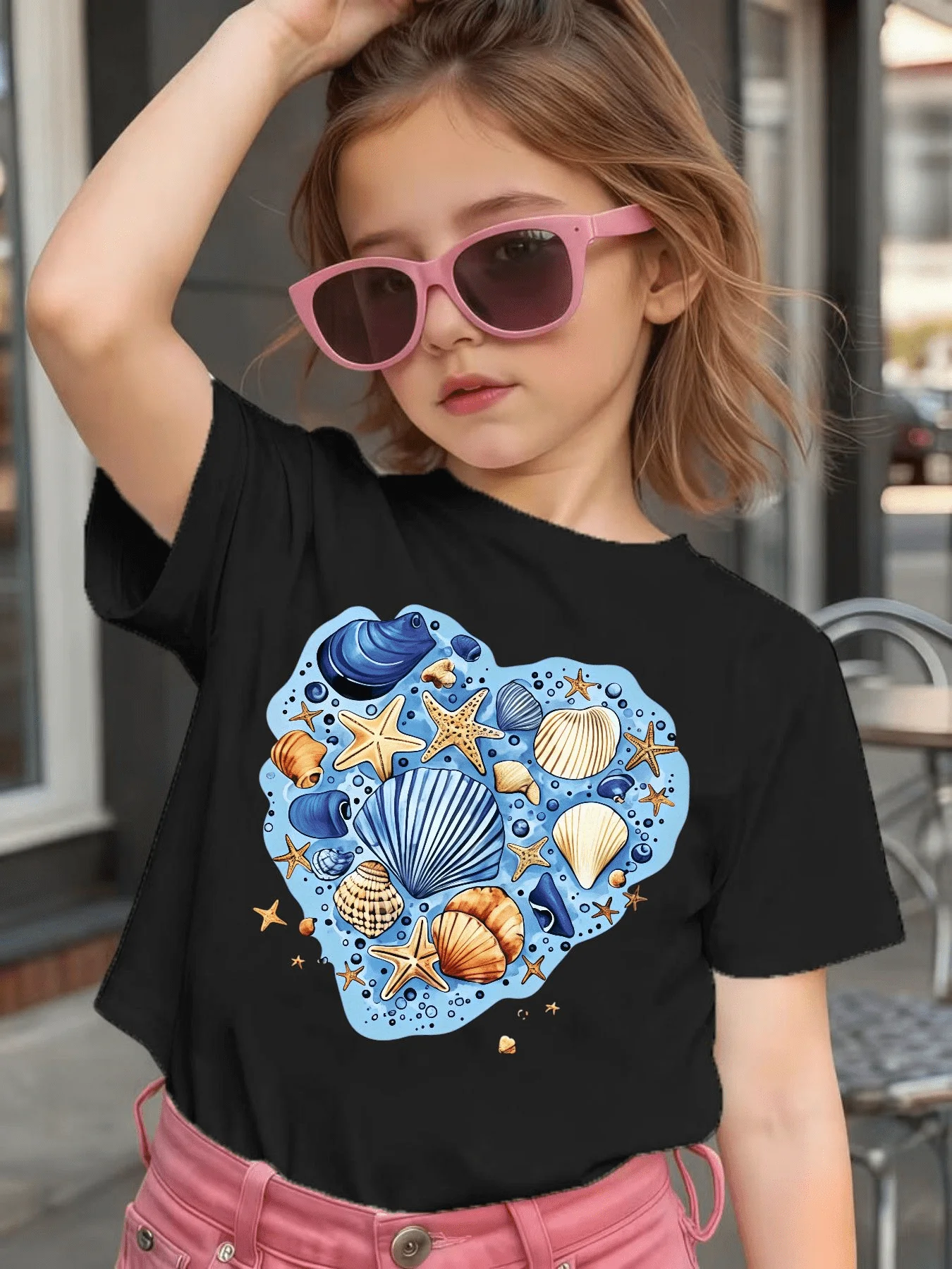 Ocean Heart Seashell Starfish Print Kids T Shirt Boys Girls Family Match Cotton Short Sleeve Summer Children Casual Basic Wear