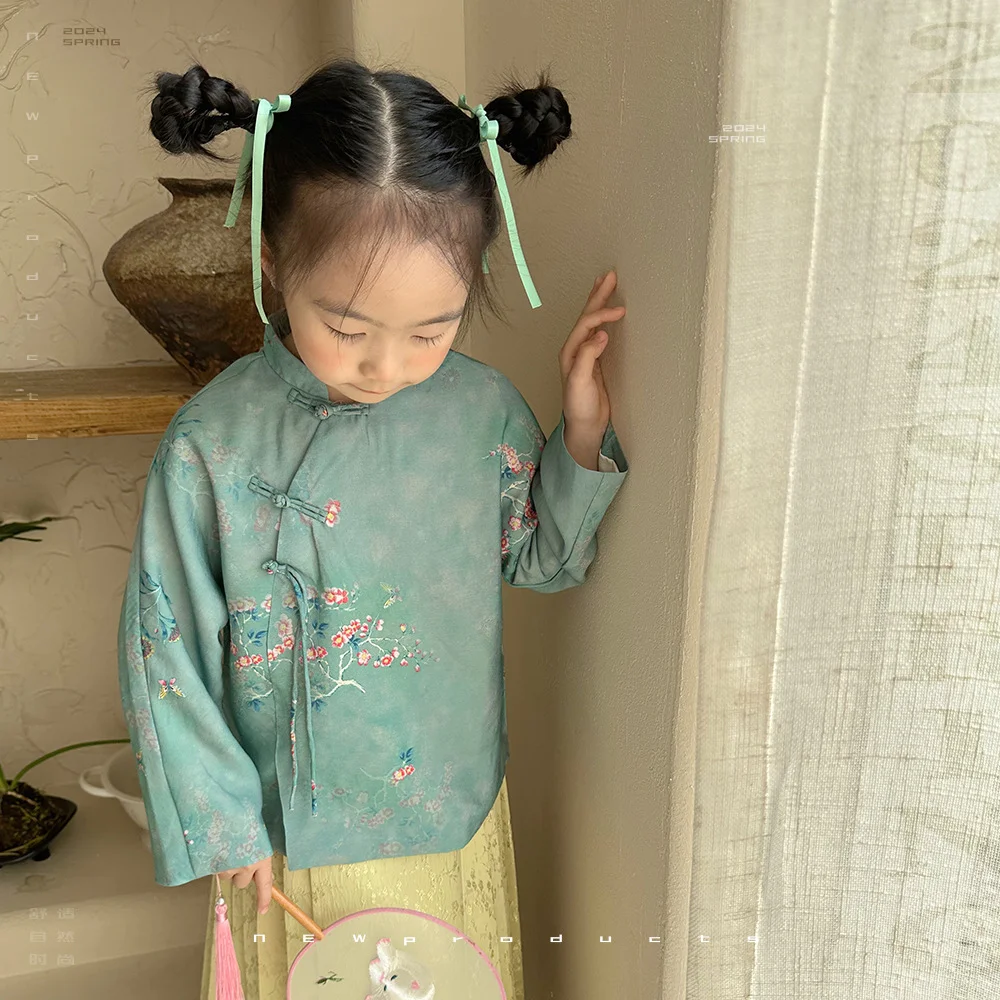 

Girl Top Children Clothing 2024 Spring New Chinese Elegant Ancient Floral Printed Stand Collar Long Sleeve Cheongsam Top