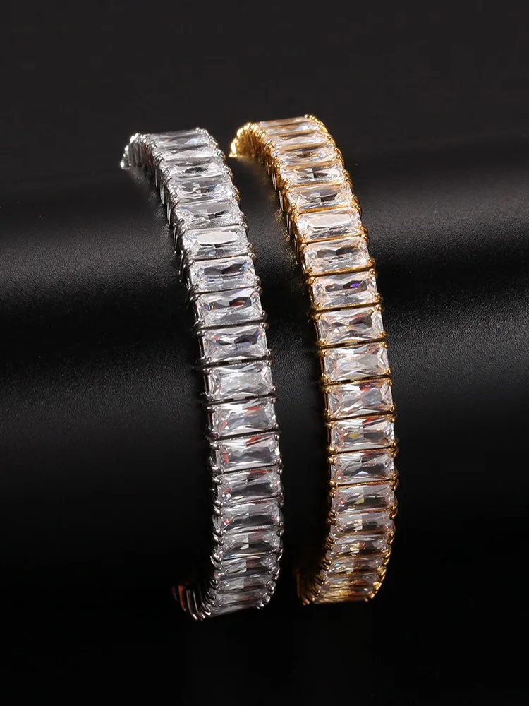 Mens Hip Hop Stainless Steel Square Zircon Bracelets Shiny Diamonds Party Jewelry Vintage Punk Stage Show Bracelet